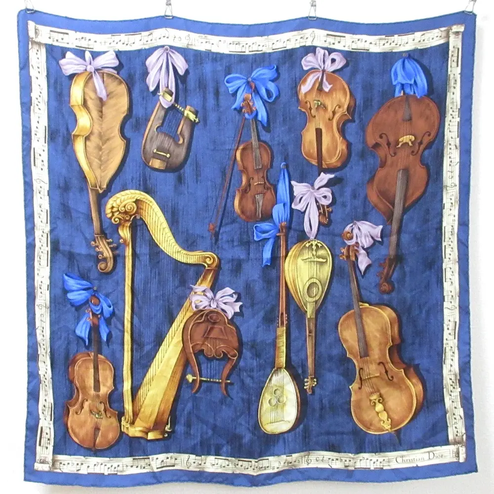 Christian Dior クリスチャンディオール 楽器 音符 総柄 シルク100％ スクエア スカーフ ストール ネイビー系