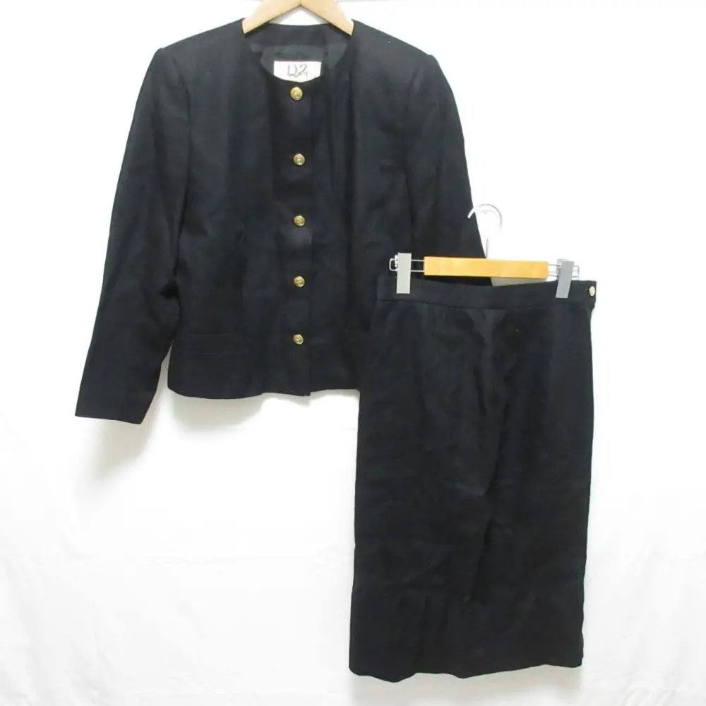 クリスチャンディオール ヴィンテージ 金ボタン リネン100％ ノーカラージャケット＋膝丈スカート セットアップ 44 ブラック