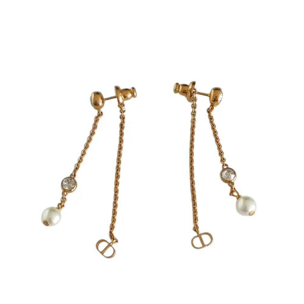 Christian Dior クリスチャンディオール CDロゴ ラインストーン フェイクパール チェーン スタッドピアス ゴールドカラー