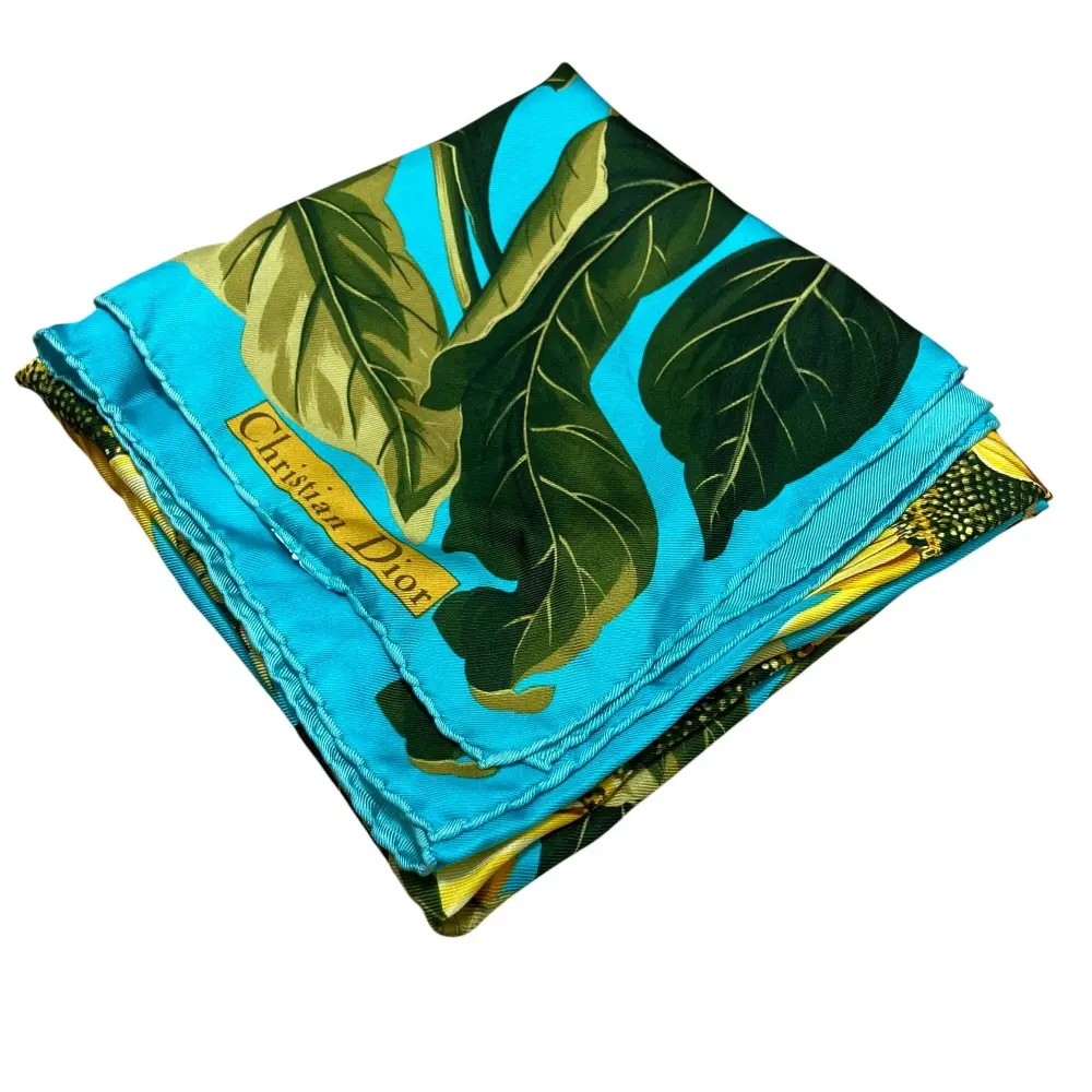 Christian Dior クリスチャンディオール ひまわり シルク 大判スカーフ ブルー