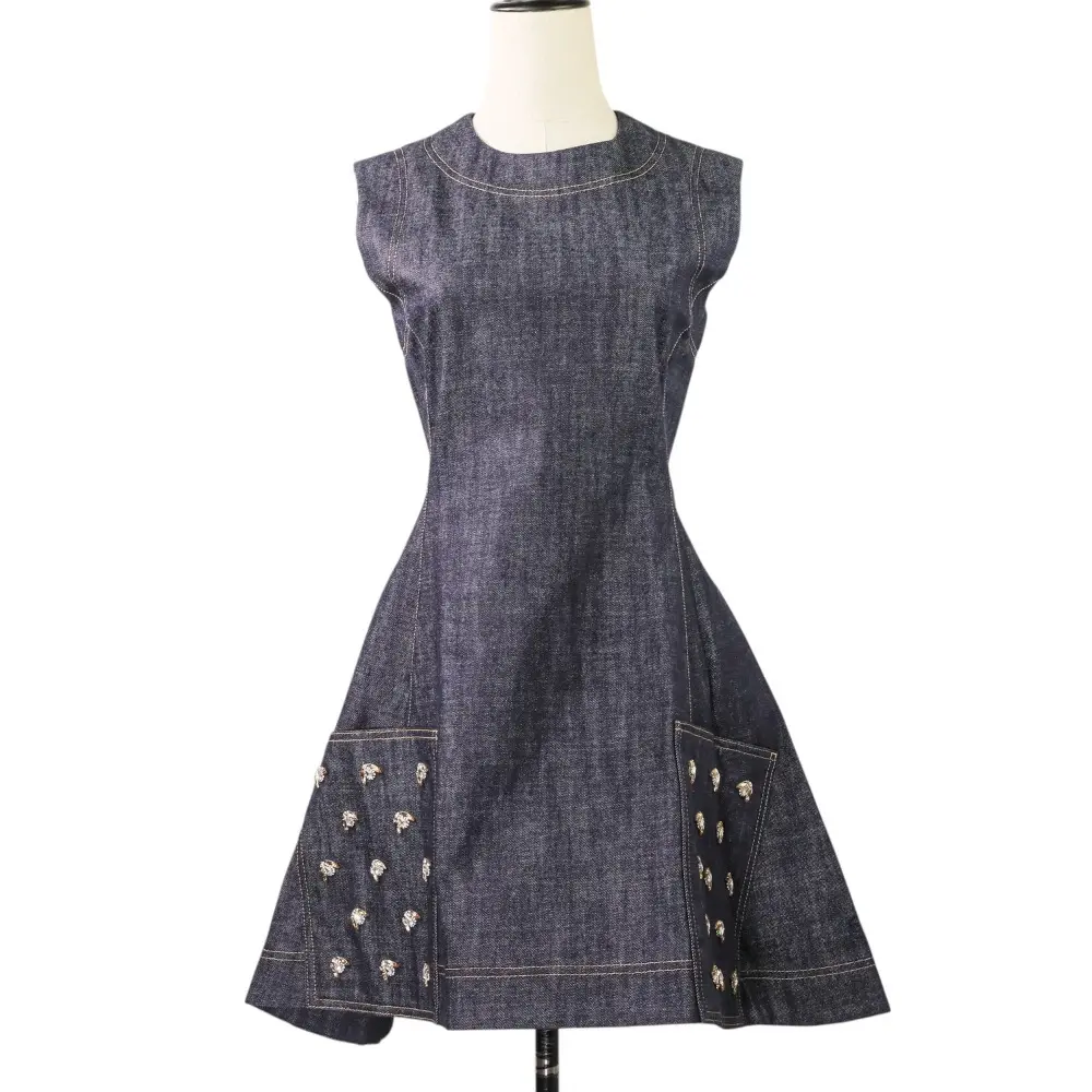 Christian Dior クリスチャンディオール ビジュー BEE デニム ワンピース ドレス サイズ38 6A22604L1317 ネイビー