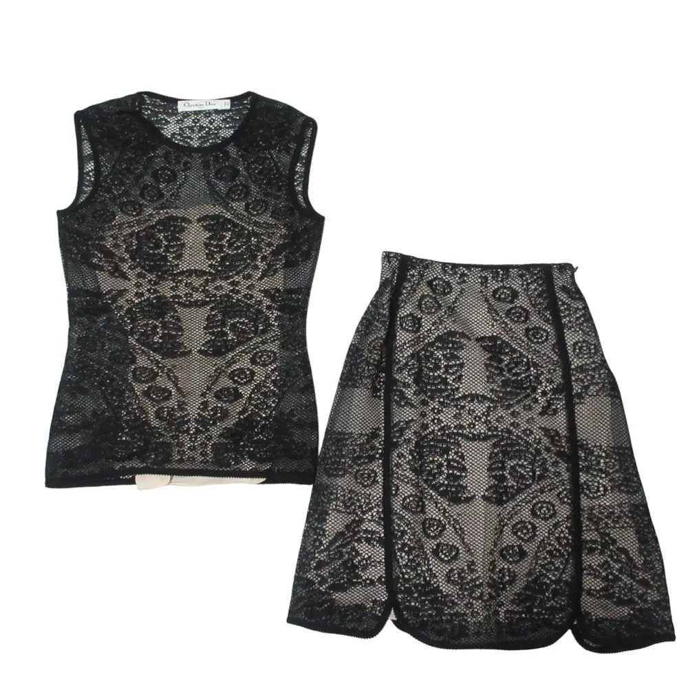Christian Dior クリスチャンディオール シルクレースニット ノースリーブ カットソー×フレアスカート セットアップ 38 ブラック