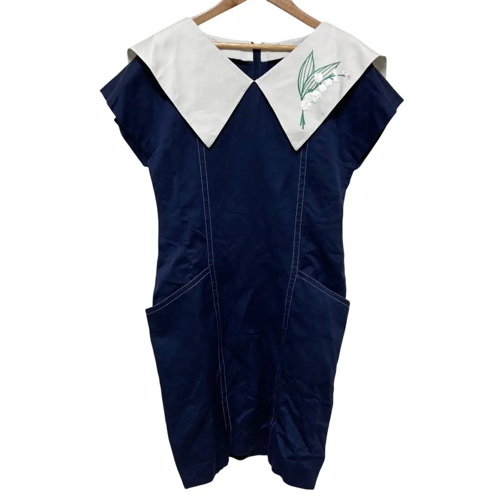Christian Dior クリスチャンディオール コットンリネン ワンピース サイズ9 ネイビー
