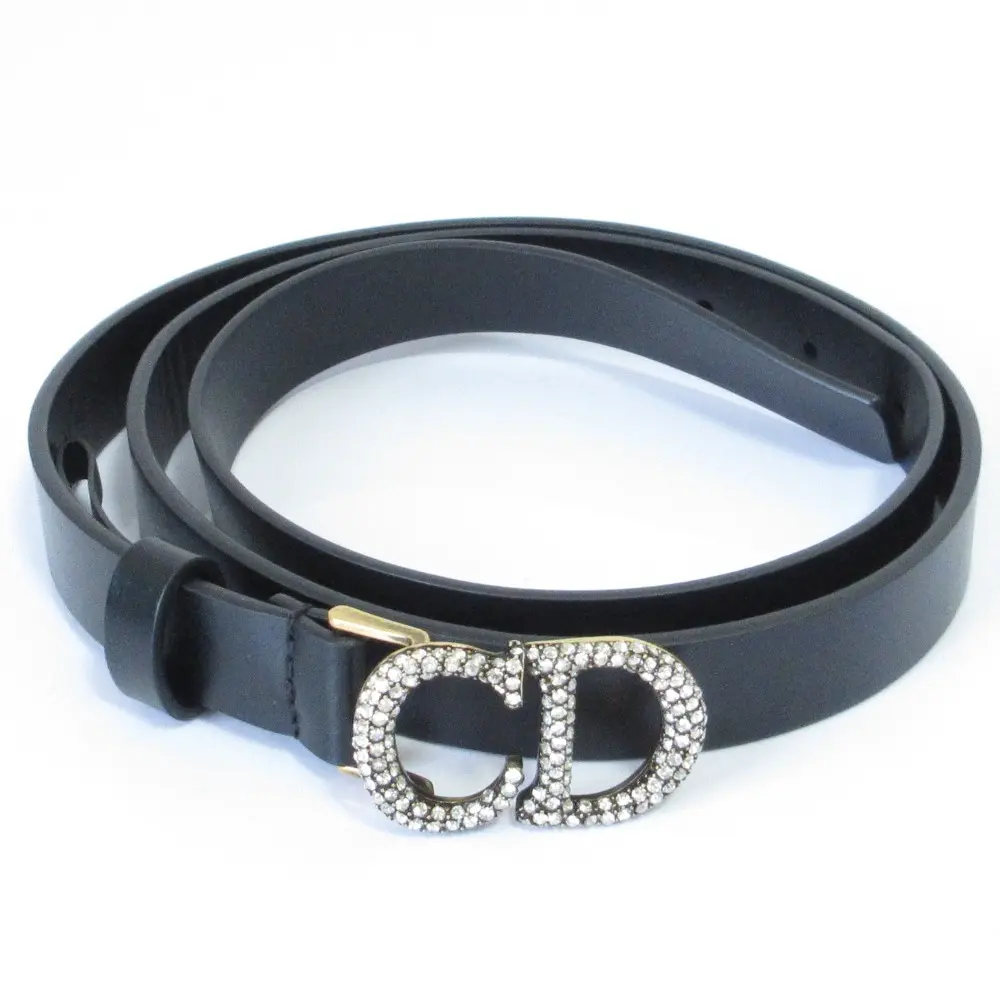 ChristianDior クリスチャンディオール ラインストーン CDバックル レザー ナローベルト サイズ70 ブラック ゴールド金具