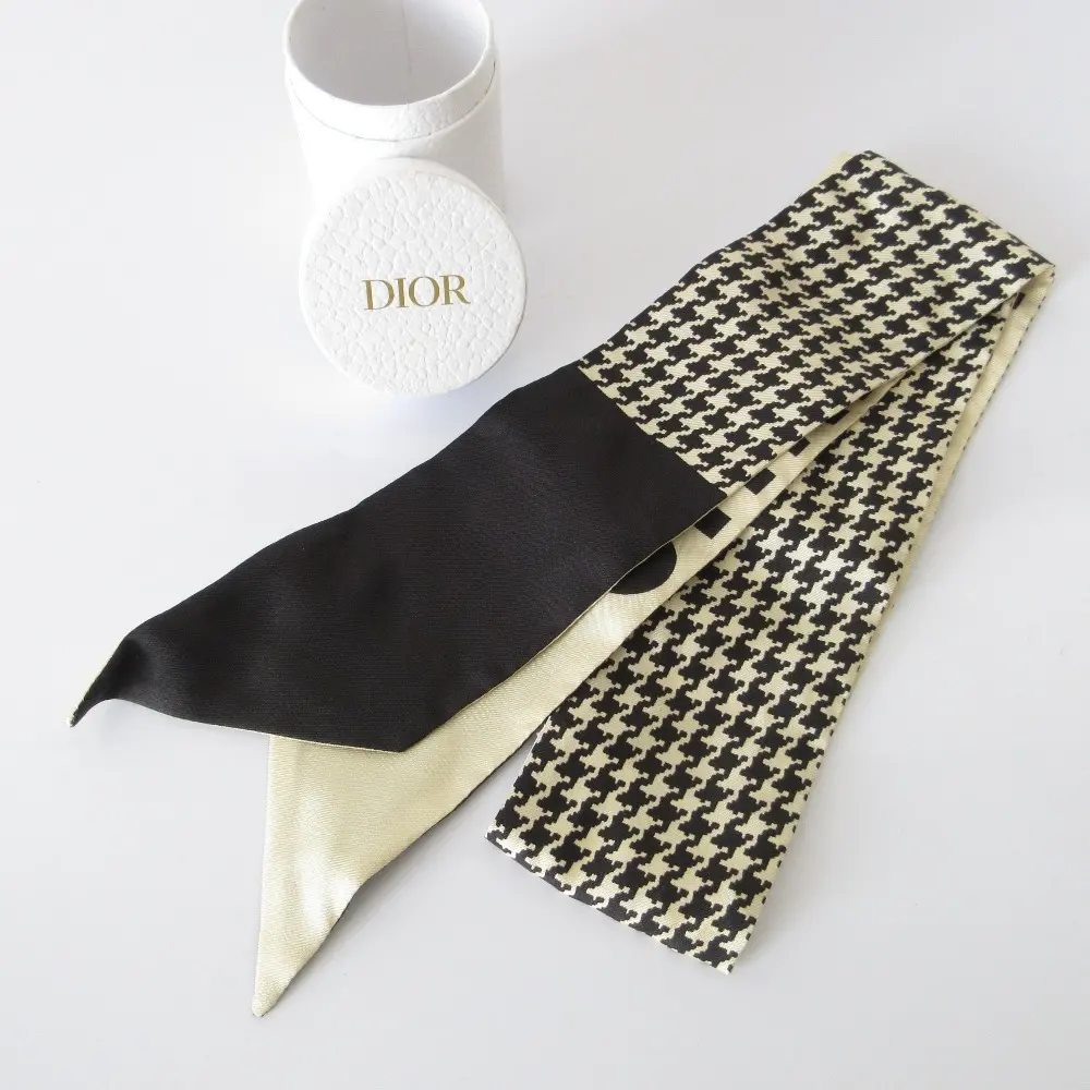 Christian Dior クリスチャンディオール ミッツァ モンテーニュ ハウンドトゥース シルクスカーフ ブラック ベージュ