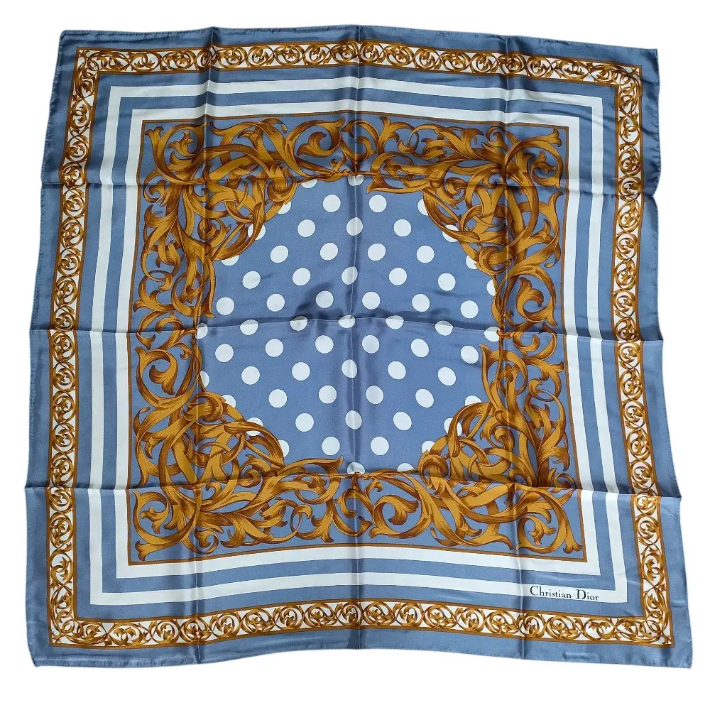 Christian Dior クリスチャンディオール シルク100％ ドット柄 大判スカーフ ブルー