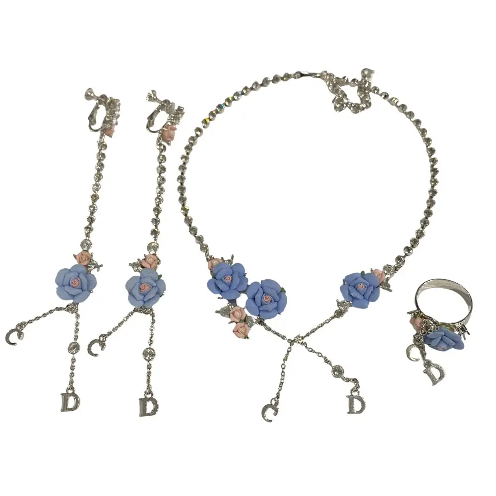 Christian Dior クリスチャンディオール フラワーモチーフ チェーンネックレス イヤリング リング 3点セット シルバーカラー