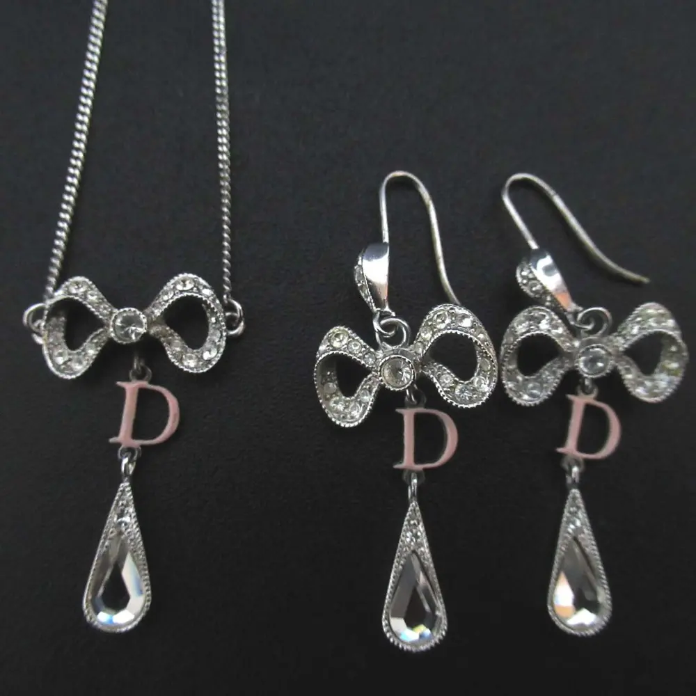 Christian Dior クリスチャンディオール リボン ディアドロップ ネックレス+フックピアス 2点セット シルバーカラー×ピンク