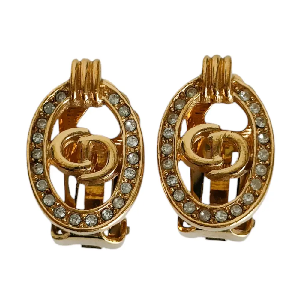 Christian Dior クリスチャンディオール CD ラインストーン クリップイヤリング アクセサリー ゴールドカラー