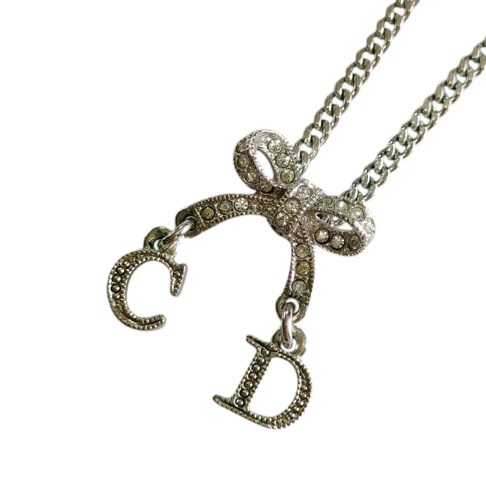 Christian Dior クリスチャンディオール CDロゴ リボン ラインストーン ネックレス チョーカー シルバーカラー