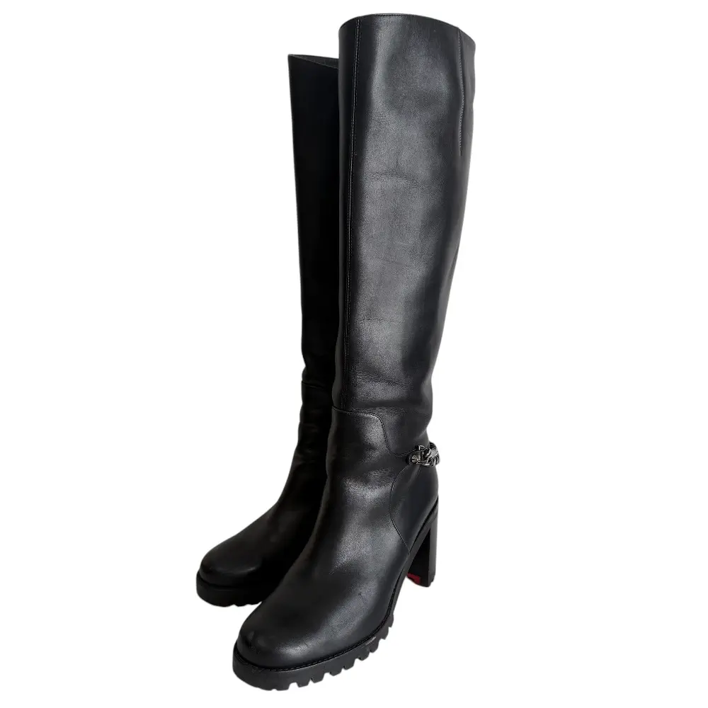 Christian Louboutin クリスチャンルブタン NAPOLEO 70 CALF レザー ガンメタチェーン装飾 ロングブーツ 34 21cm相当 ブラック