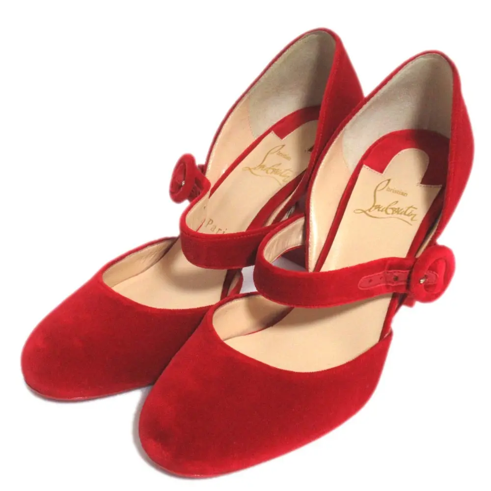 Christian Louboutin クリスチャンルブタン ベルベット チャンキーヒール ストラップ パンプス 37サイズ 24cm相当 レッド