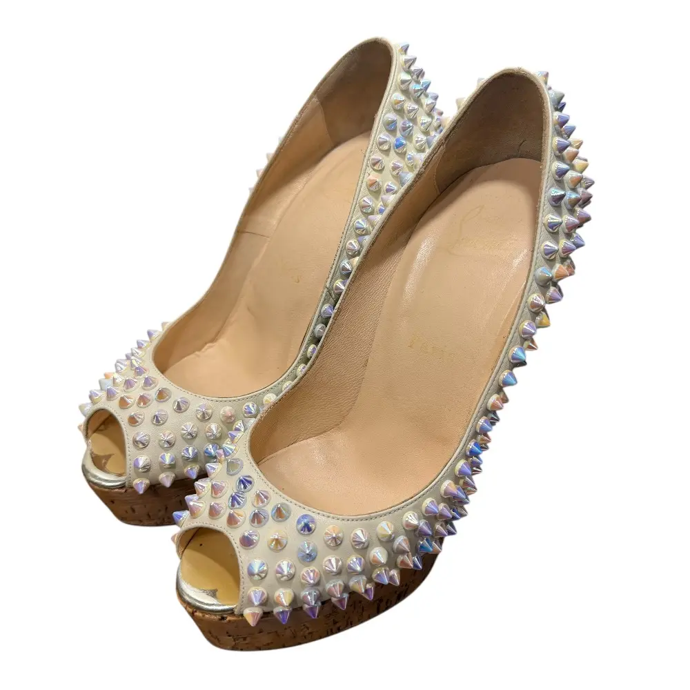Christian Louboutin クリスチャンルブタン オープントゥ スタッズ ウェッジソール パンプス 36 23cm相当 オフホワイト