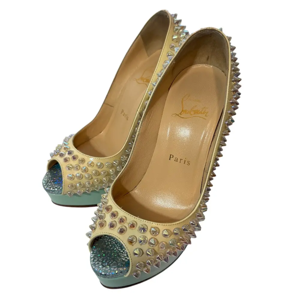 Christian Louboutin クリスチャンルブタン スタッズ オープントゥ ハイヒール パンプス 35 1/2 約22.5cm オフホワイト