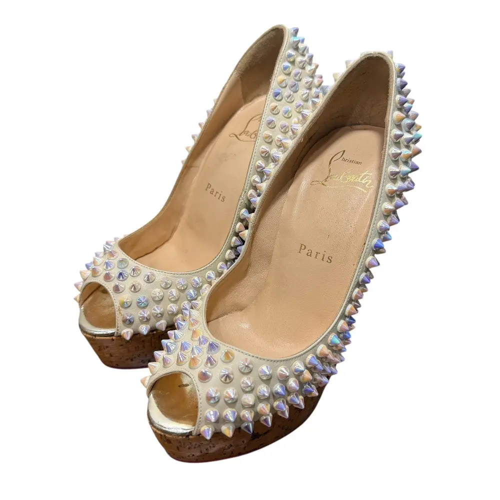 Christian Louboutin クリスチャンルブタン オープントゥ スタッズ ウェッジソール パンプス 約22cm オフホワイト