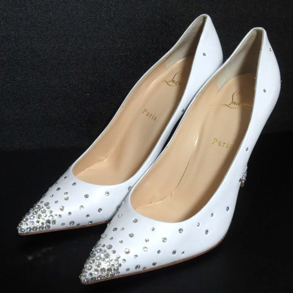 Christian Louboutin クリスチャンルブタン レザー スワロフスキー ポインテッドトゥ パンプス 40.5 27.5cm相当 ホワイト