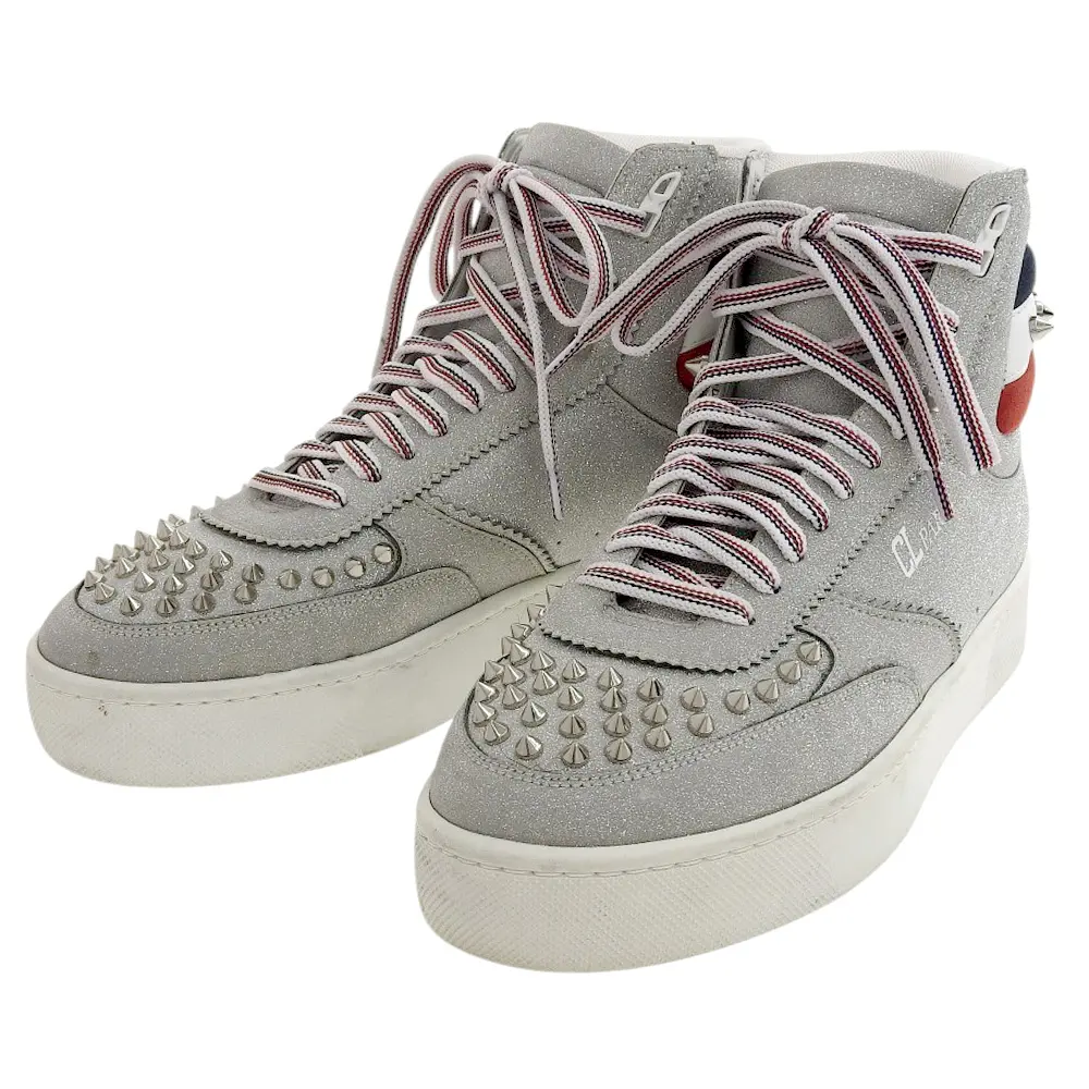 Christian Louboutin クリスチャンルブタン Top Rui Spikes グリッター ハイカットスニーカー 39 1/2 約24.5cm シルバーカラー