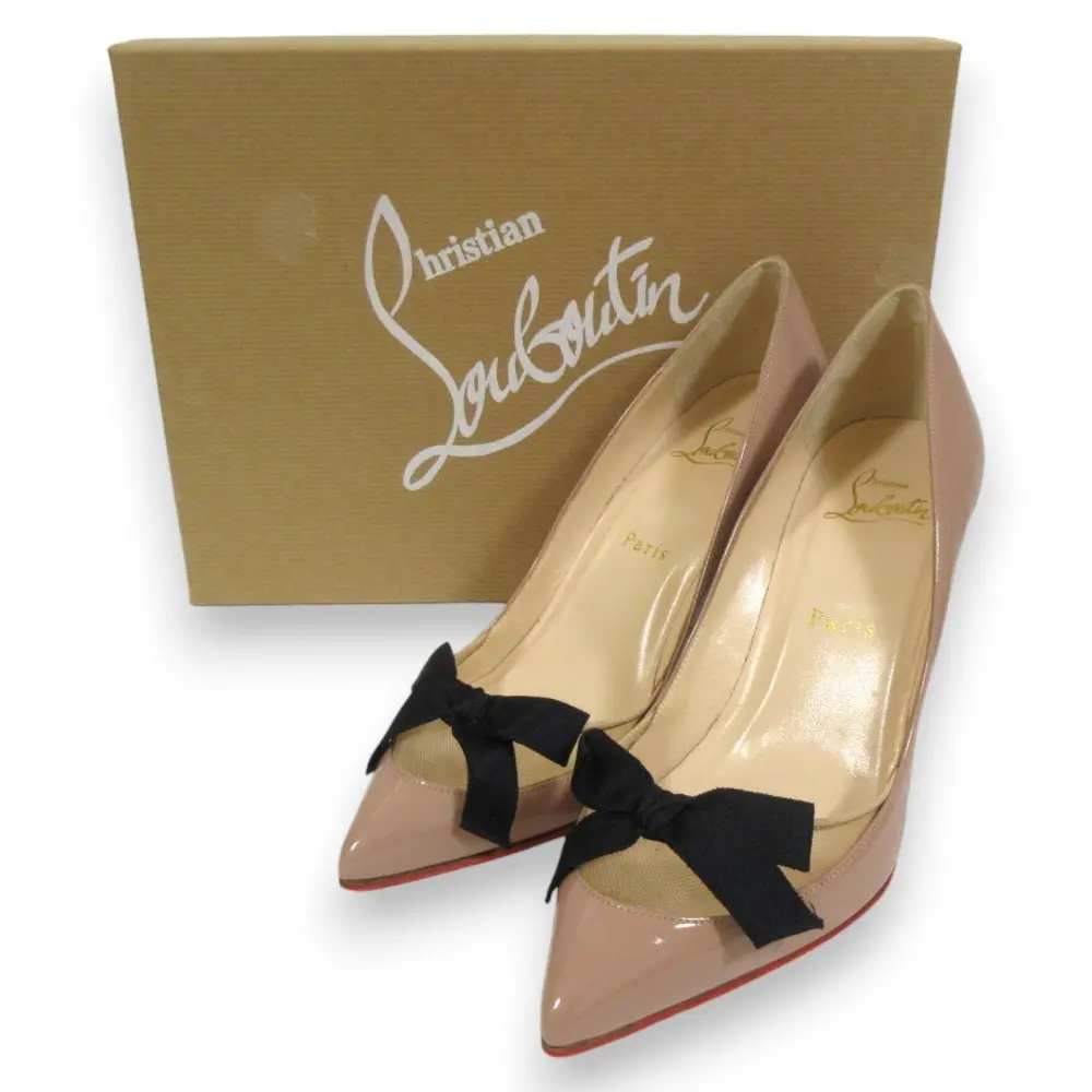 Christian Louboutin クリスチャンルブタン love me 85 パテント メッシュ切替 リボンパンプス 37 約24cm ピンクベージュ系