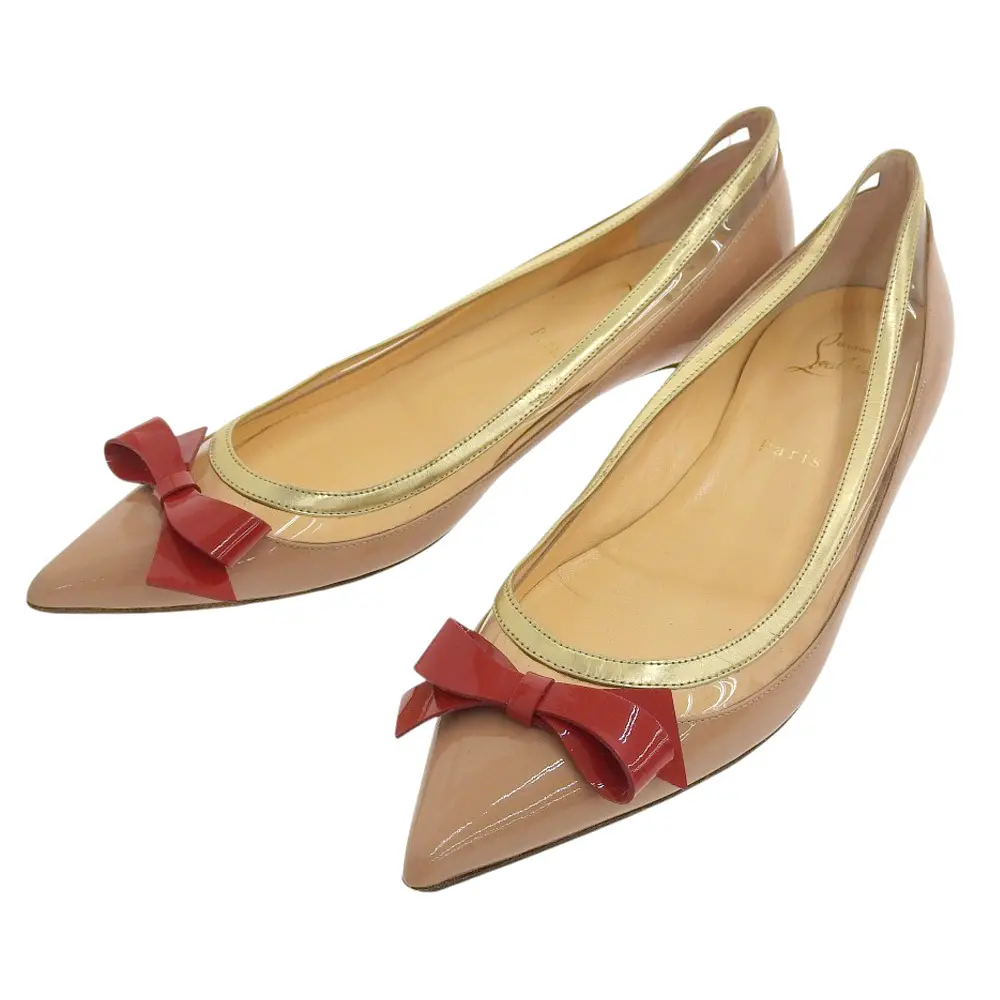 Christian Louboutin クリスチャンルブタン パテントレザー ポインテッドトゥ リボン フラットパンプス 40 約27.0cm ヌード