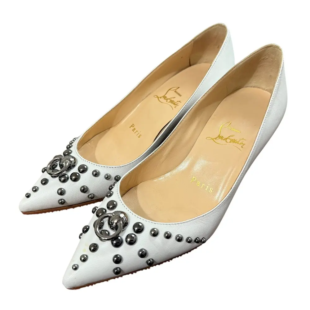 Christian Louboutin クリスチャンルブタン レザー スタッズ ポインテッドトゥ パンプス サイズ34 約21cm ホワイト