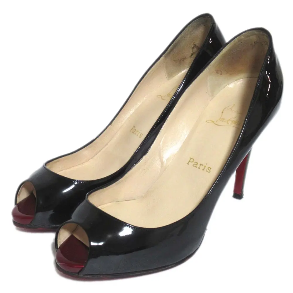 Christian Louboutin クリスチャンルブタン パテントレザー オープントゥ ハイヒール パンプス サイズ38 約25cm ブラック