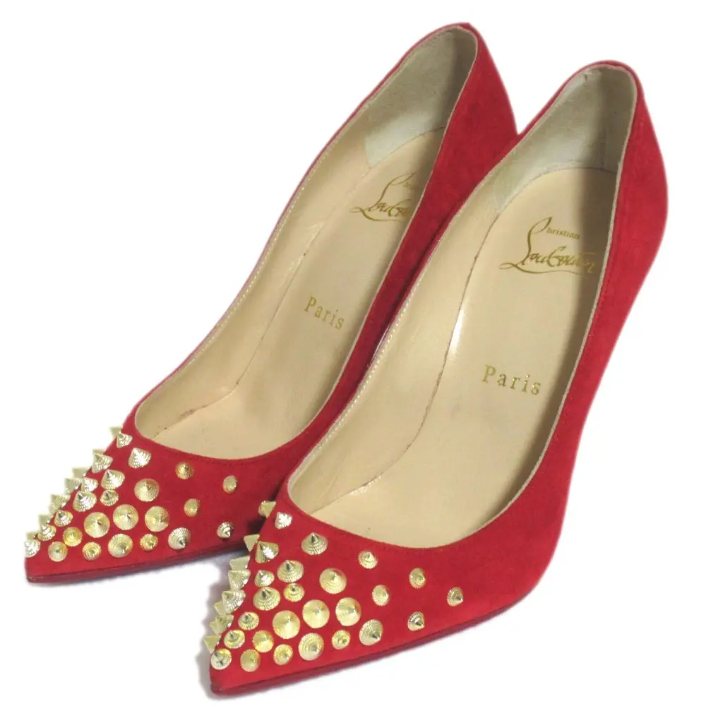 Christian Louboutin クリスチャンルブタン スエード スタッズ ポインテッドトゥ ハイヒール パンプス サイズ35 22cm レッド
