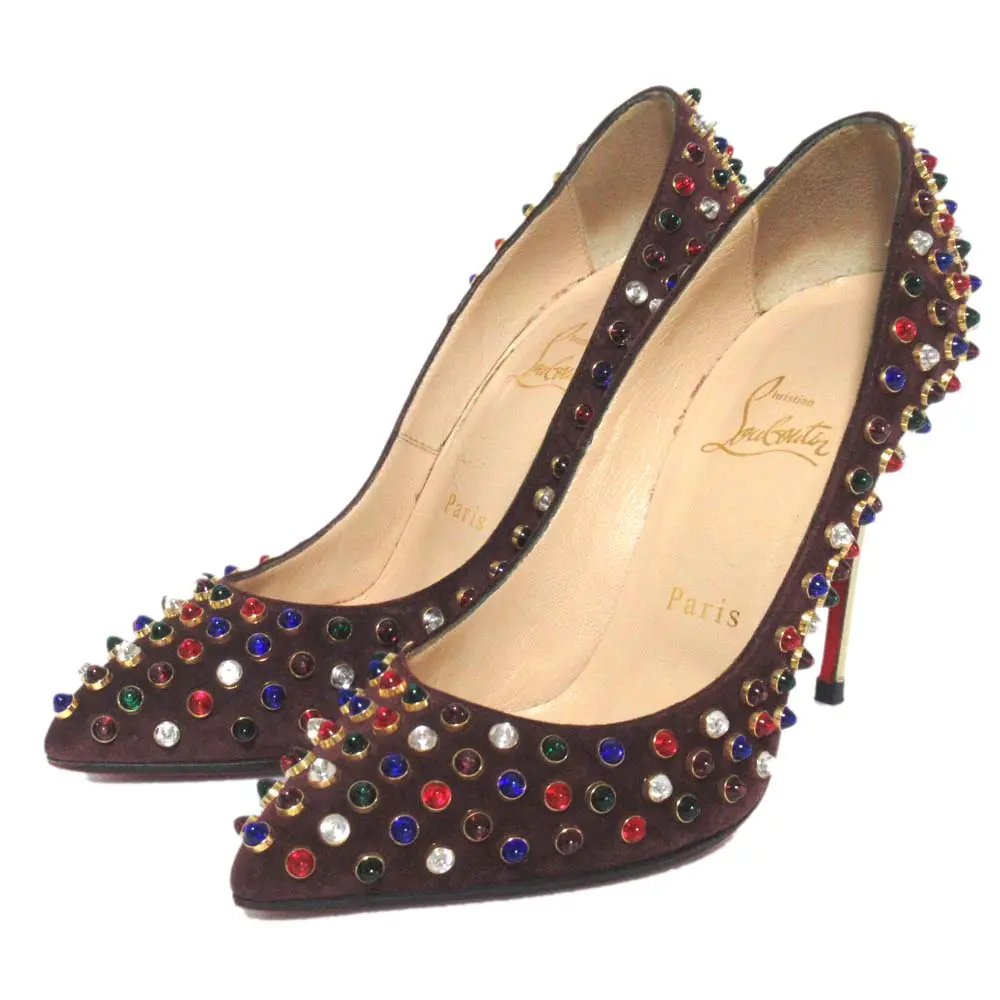 Christian Louboutin クリスチャンルブタン ストーンスタッズ ポインテッドトゥ パンプス サイズ35.5 約22.5cm バーガンディ