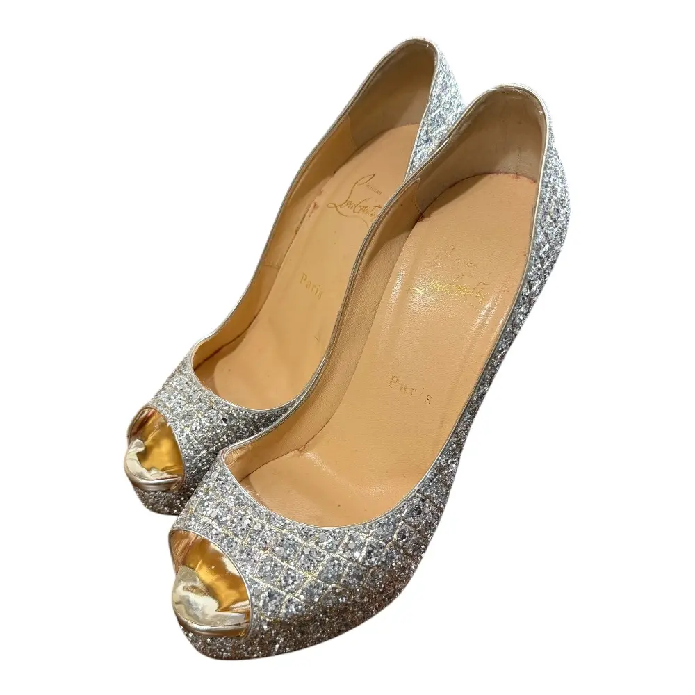 Christian Louboutin クリスチャンルブタン オープントゥ ハイヒール グリッターパンプス サイズ38 約25cm シルバーカラー