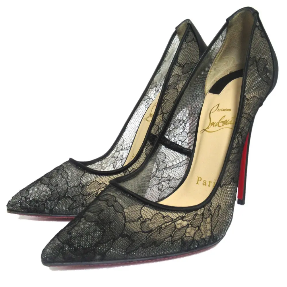 Christian Louboutin クリスチャンルブタン ポインテッドトゥ レース サテン パンプス サイズ35.5 22.5cm相当 ブラック