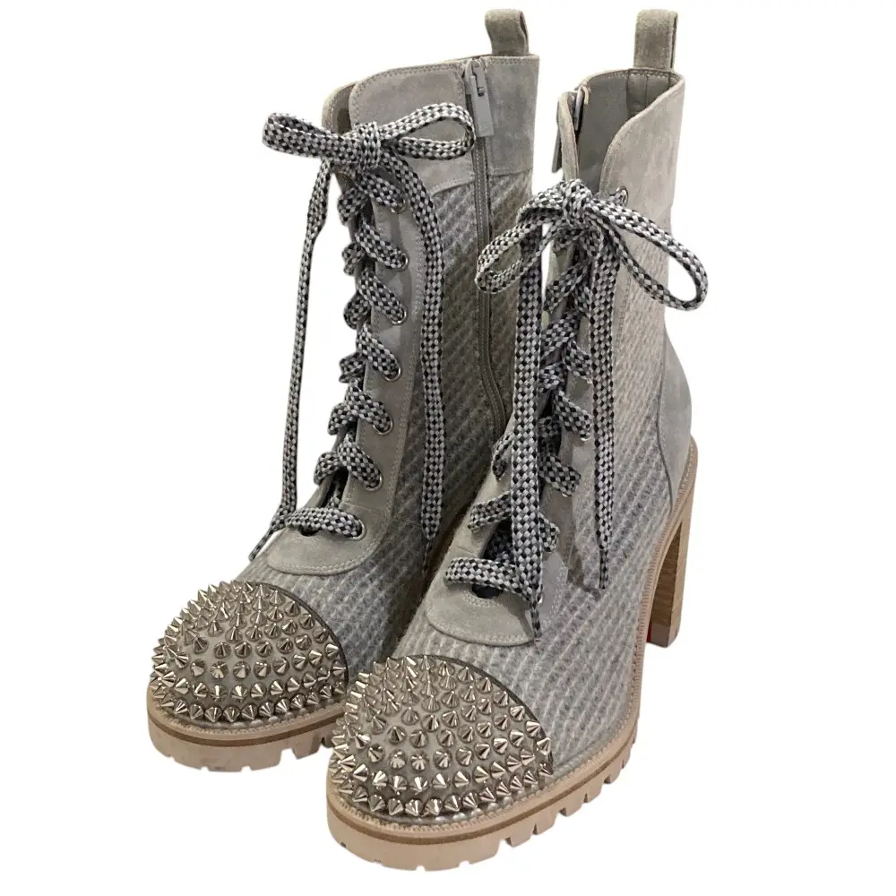 Christian Louboutin クリスチャンルブタン スパイク ウール スエード サイドジップブーツ I38 24cm相当 グレー