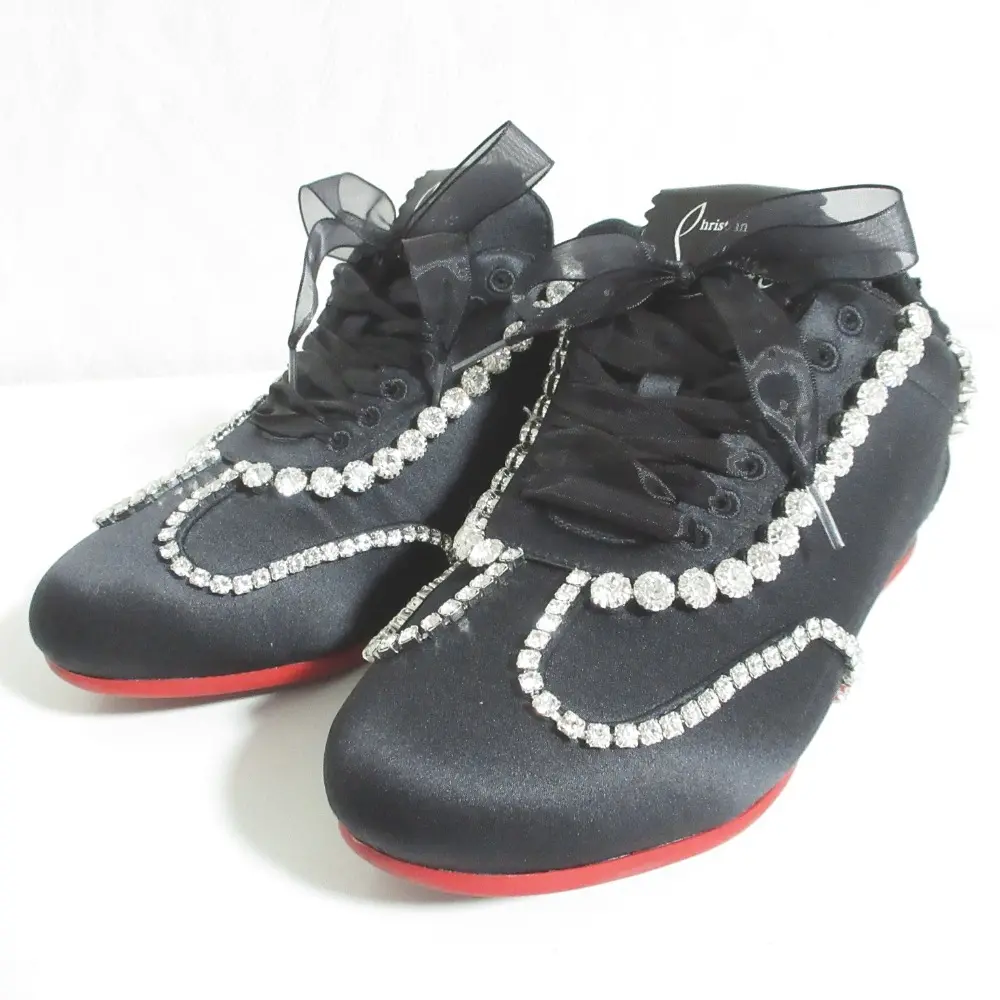 Christian Louboutin クリスチャンルブタン Eleonora Strass リボンシューレース サテン スニーカー 35 1/2 約22.5cm ブラック