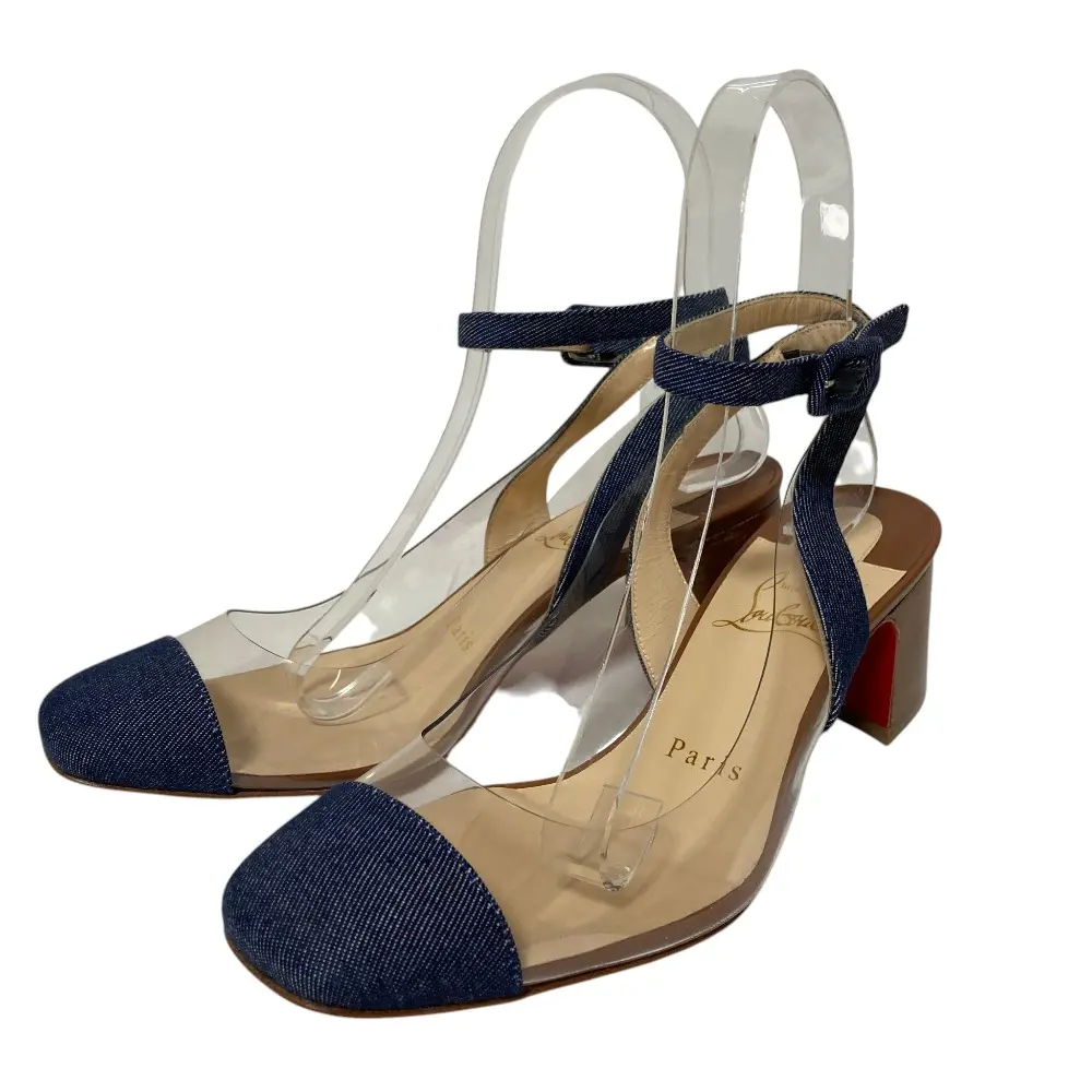 Christian Louboutin クリスチャンルブタン チャンキーヒール アンクルストラップ クリア パンプス サイズ35.5 ブルー ブラウン