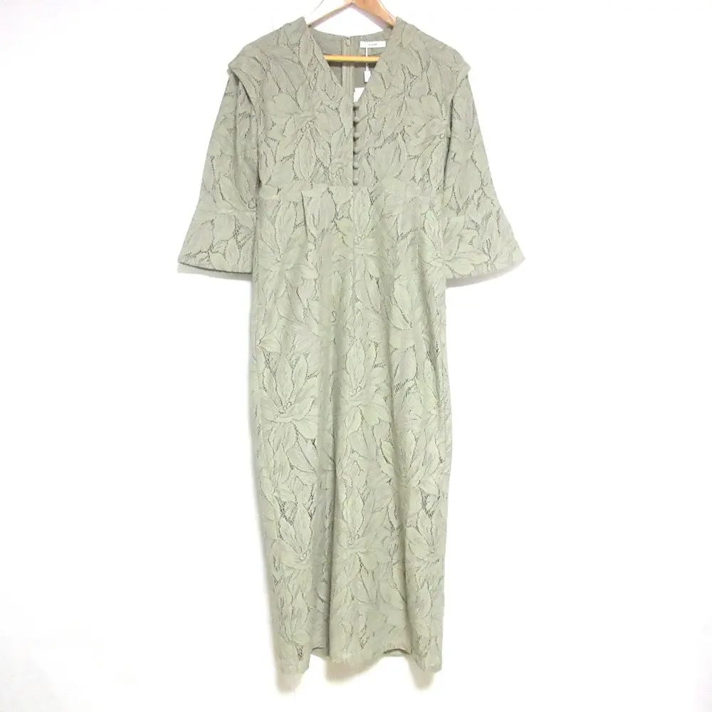 23SS CLANE クラネ CURTAIN LACE FLARE CUFF ONE PIECE カーテンレース マキシ丈 カフ ワンピース 1 モスグリーン