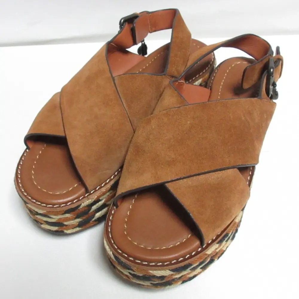 COACH コーチ スエード プラットフォーム 厚底 クロスストラップ ジュートサンダル 6C 23.0cm相当 ブラウン