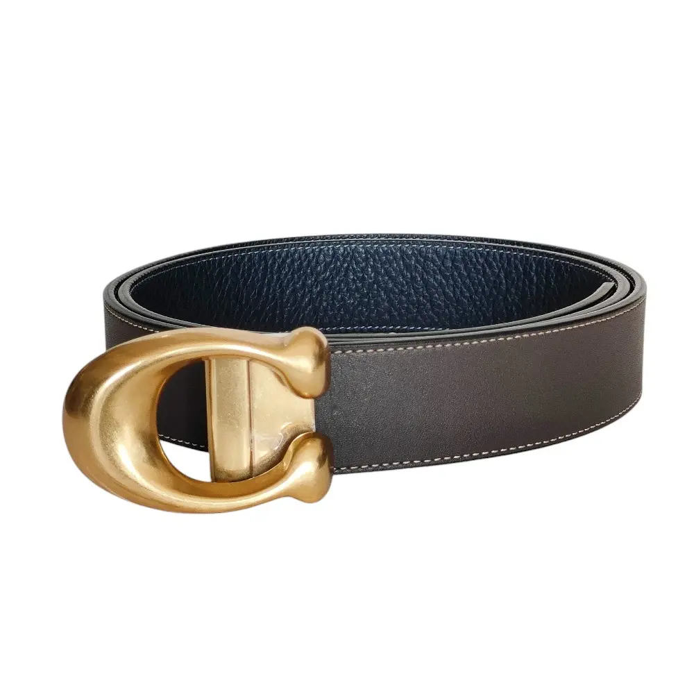 COACH コーチ スカルプテッド シグネチャー バックル トップ式 レザーベルト ネイビー×ブラウン ゴールド金具