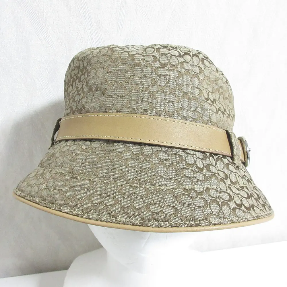 COACH コーチ ミニシグネチャー キャンバス レザーベルト バケットハット 帽子 M/L ベージュ