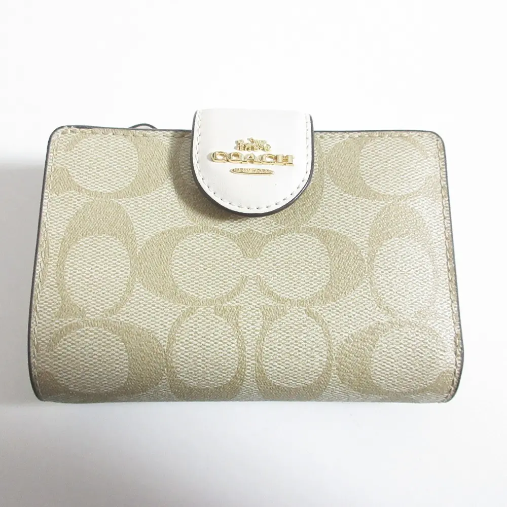 COACH コーチ ミディアム コーナー ジップ ウォレット シグネチャー キャンバス 二つ折り コンパクト 財布 C0082 ベージュ