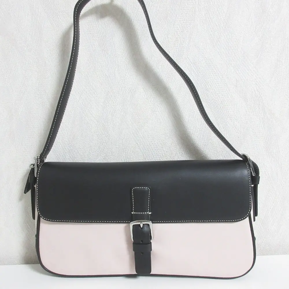 COACH コーチ キャンバス×レザー バイカラー フラップ ショルダーバッグ 7702 ブラック×ライトピンク系