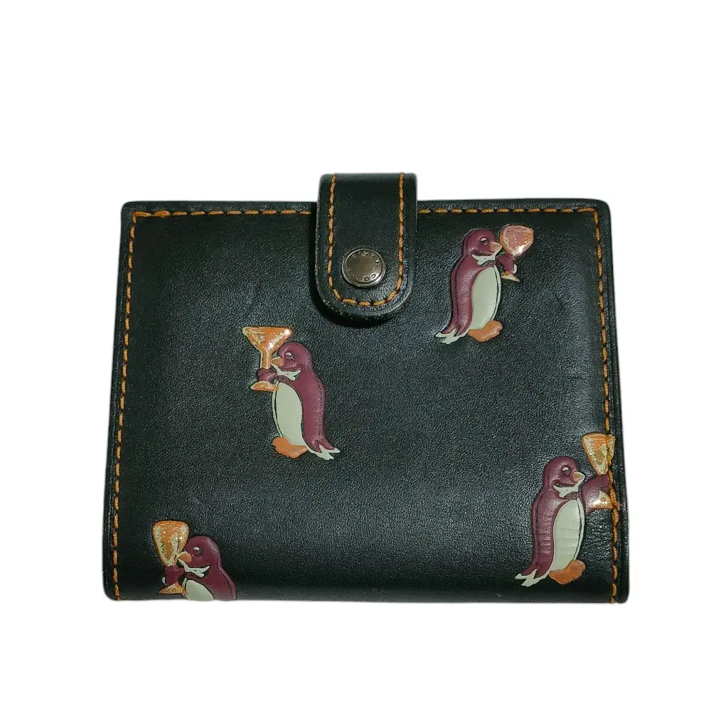 COACH コーチ グラブタンレザー ペンギン ロゴ型押し 三つ折り コンパクトウォレット 財布 ブラック