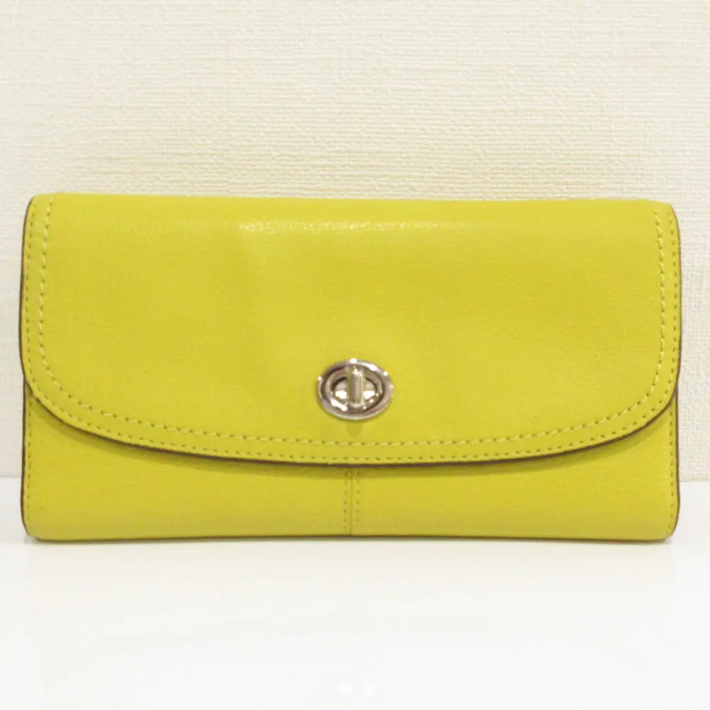 COACH コーチ レザー ターンロック 三つ折り長財布 ロングウォレット イエロー×シルバー金具