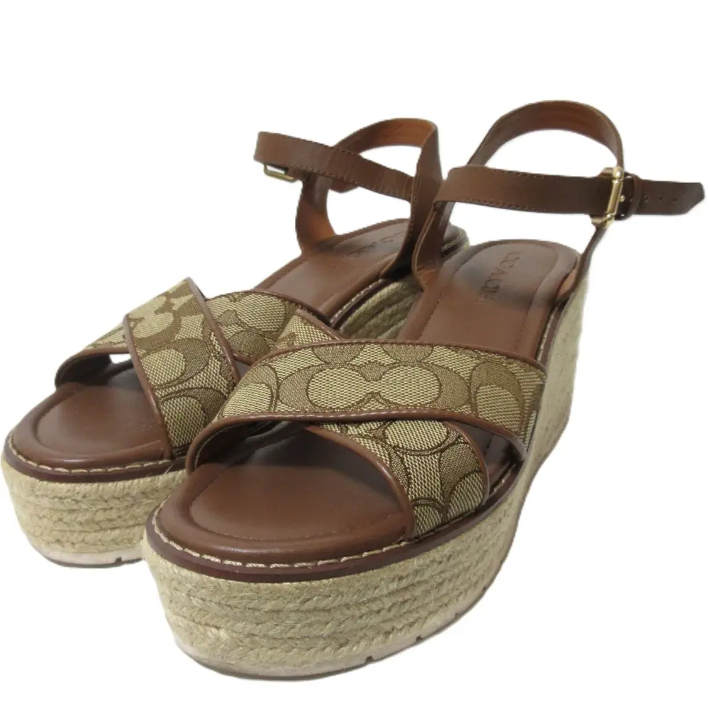 COACH コーチ シグネチャー ジャガード レザー ストラップ ウェッジソール ジュートサンダル C8909 US8B 約24.5cm ブラウン