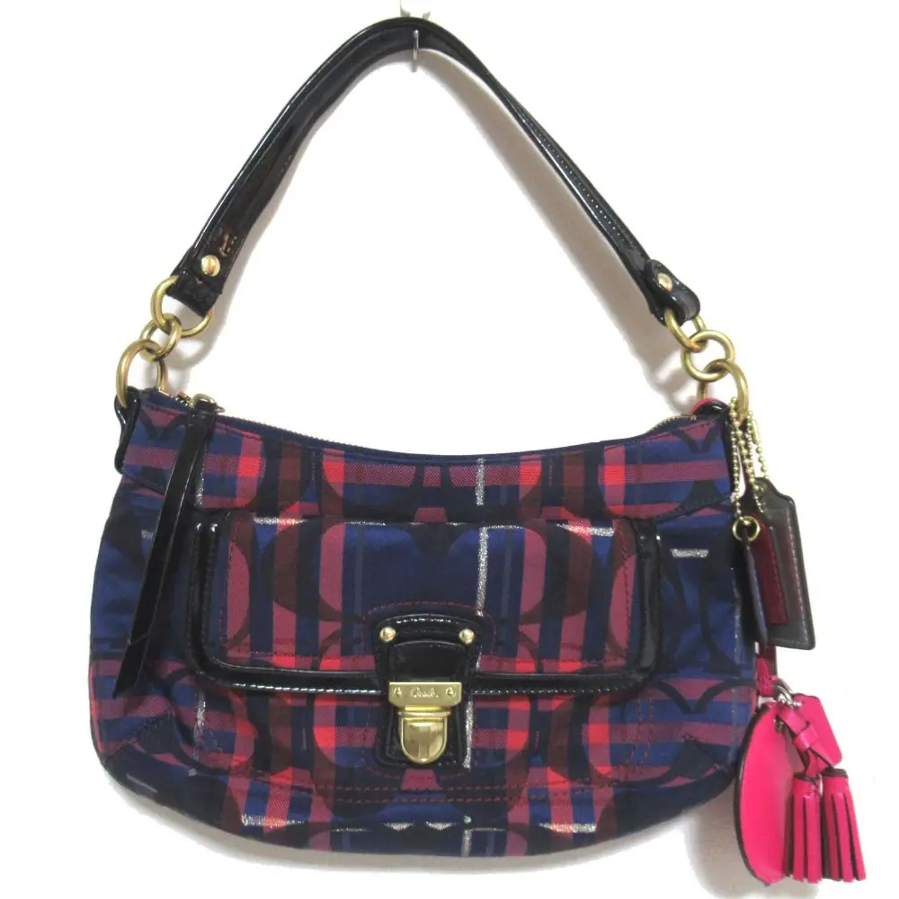 COACH コーチ ポピー タータン グルービー ハンドバッグ 21621 ネイビーブルー×ピンク系