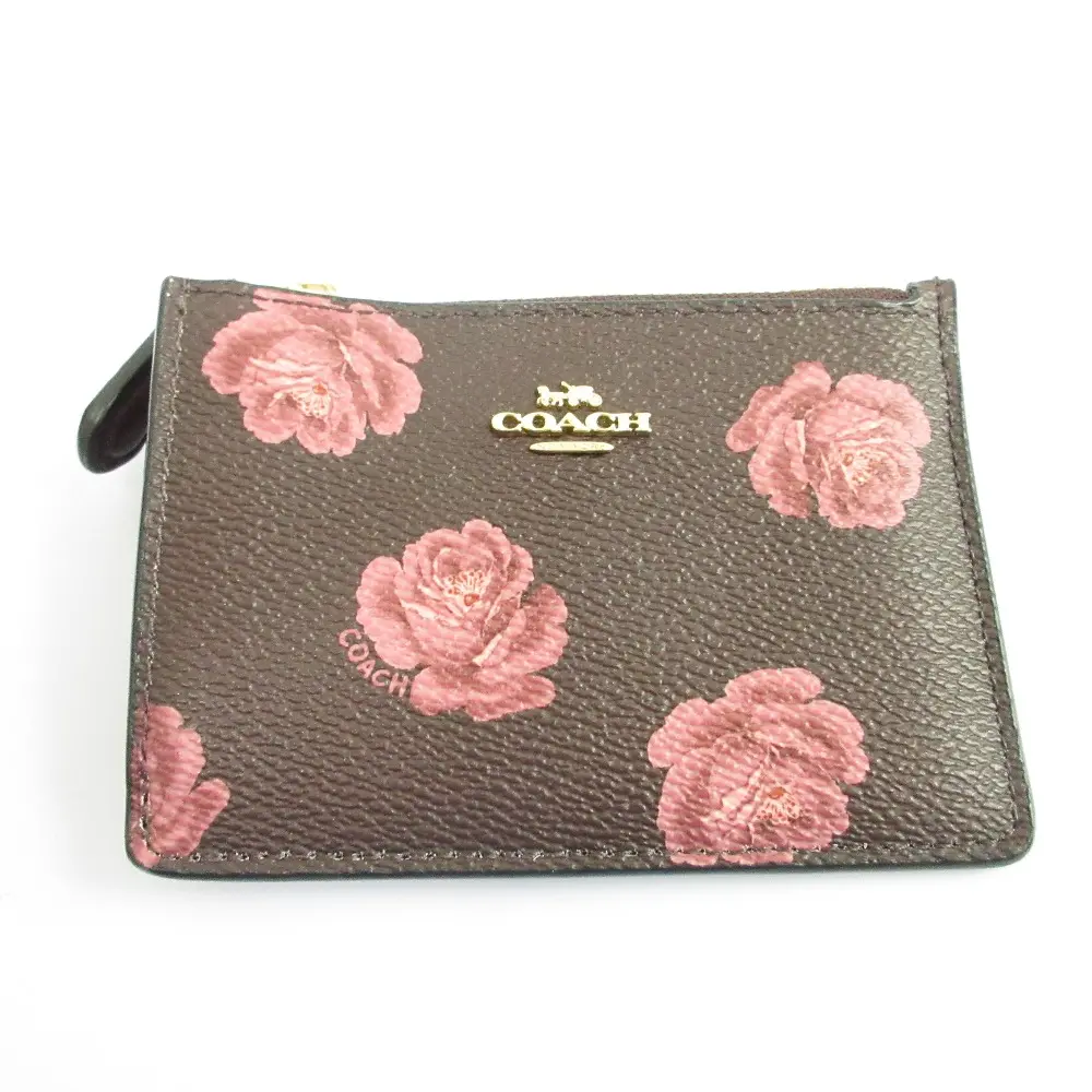 COACH コーチ フラワープリント キーリング付き カードコインケース ブラウン