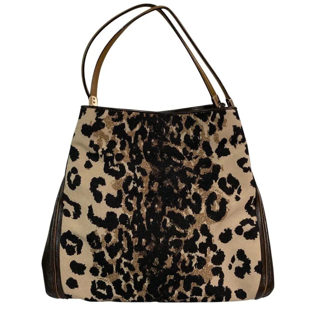 COACH コーチ レオパード柄 ナイロン レザー トートバッグ ハンドバッグ 25209 ベージュ系