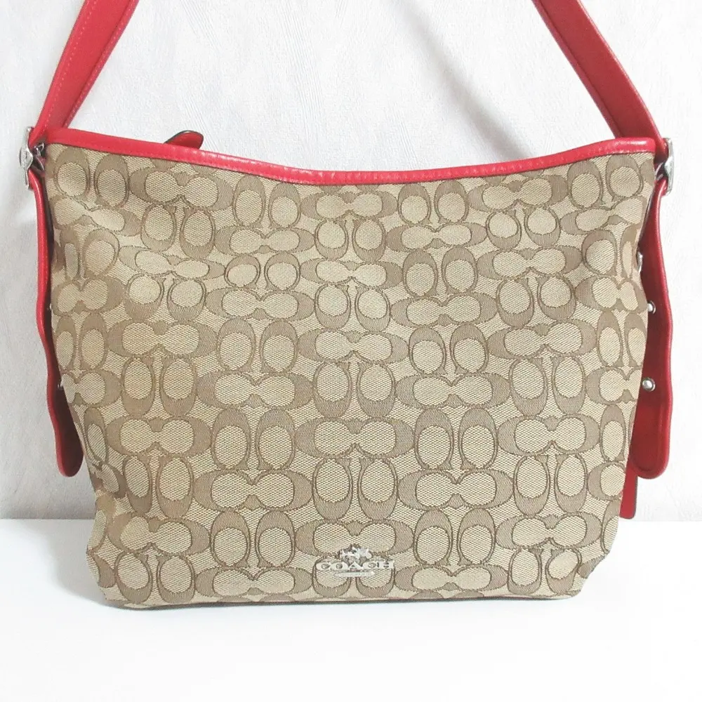 COACH コーチ ブティックライン シグネチャー キャンバス レザーコンビ ショルダーバッグ ベージュ レッド