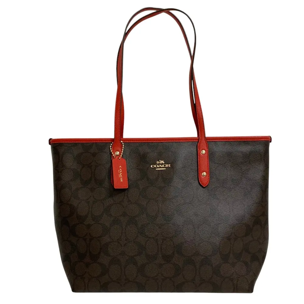 COACH コーチ シグネチャーキャンバス PVC トートバッグ ブラウン×レッド