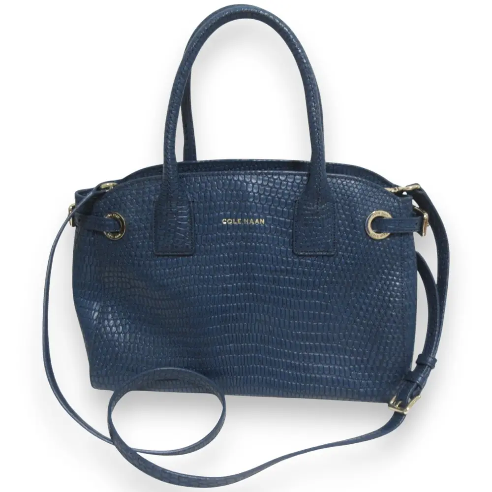 COLE HAAN コールハーン 型押し レザー 2WAY ハンドバッグ ショルダーバッグ ブルー×ゴールド金具