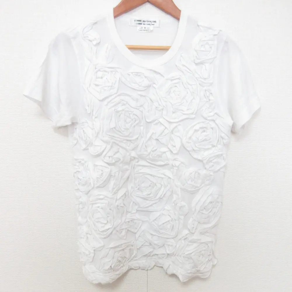 22SS COMME des GARCONS コムコム コムデギャルソン フラワーコサージュ 立体薔薇 ショートスリーブ Tシャツ サイズS ホワイト