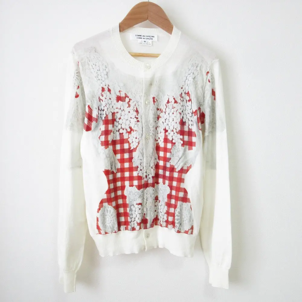 COMME des GARCONS コムコム コムデギャルソン 転写プリント ぶどう柄 ロングスリーブ ニットカーディガン M レッド