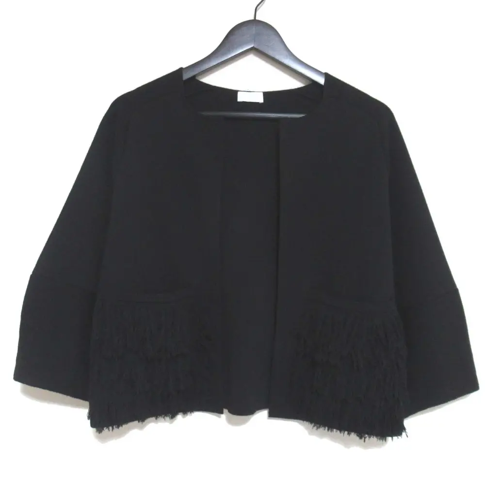 Cruciani クルチアーニ フリンジポケット オープンフロント ノーカラージャケット ニットカーディガン 38サイズ ブラック